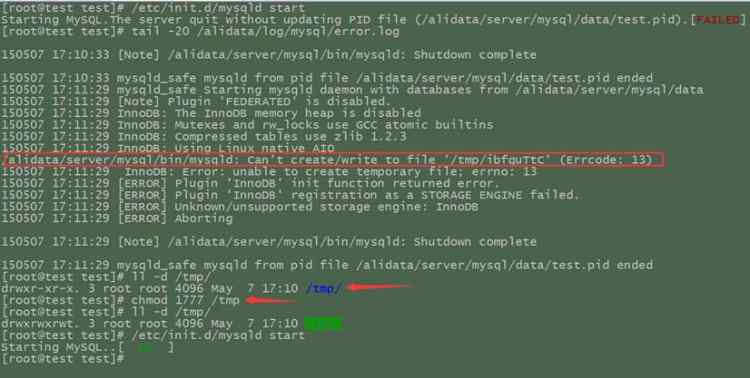 Mysql實(shí)例解決MySQL因不能創(chuàng)建臨時(shí)文件而導(dǎo)致無法啟動(dòng)的方法